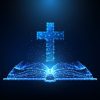 Futuristic Christianity worship concept with glowing low polygonal open bible and Christian cross