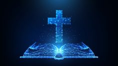 Futuristic Christianity worship concept with glowing low polygonal open bible and Christian cross